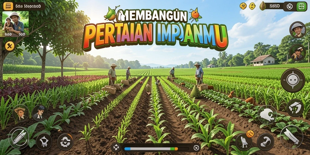 Tampilan gameplay 66D yang menawan dengan pertanian yang aktif.