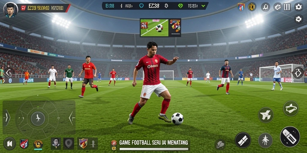 Tampilan gameplay seru dalam EZ338 dengan aksi sepak bola yang menegangkan.